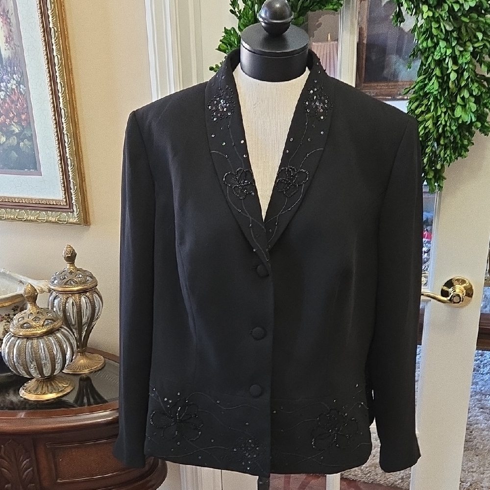 Emily Elegant Black Sequin Embroidered Jacket Long Sleeve Fully Lined Sz 18W EUC